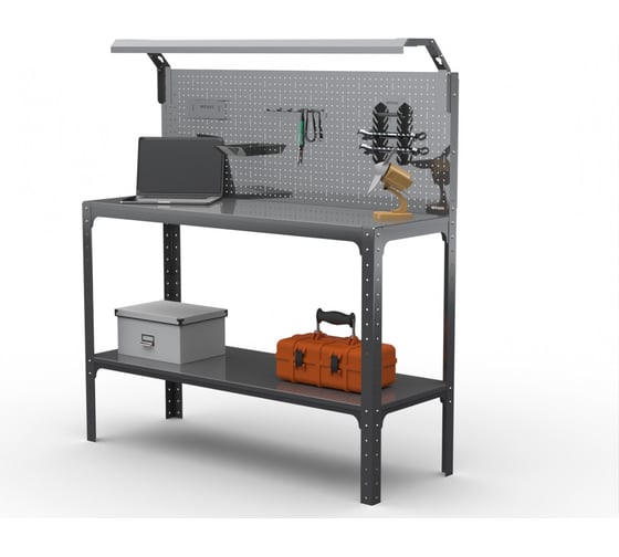 Стол-верстак ООО Металекс серия KIT 950х1300х500 мм, одна полка + перфопанель с комплектом освещения, серый 205381 1