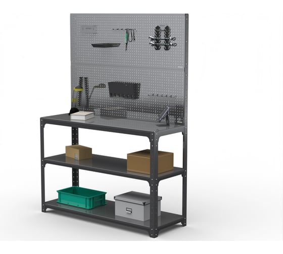Стол-верстак ООО Металекс Metalex KIT 950х1800х400 мм, две полки + двойная перфопанель с комплектом аксессуаров, серый 205155