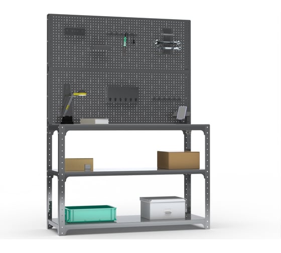 Стол-верстак ООО Металекс Metalex KIT 950х1800х400 мм, две полки + двойная перфопанель с комплектом аксессуаров, серый 205155