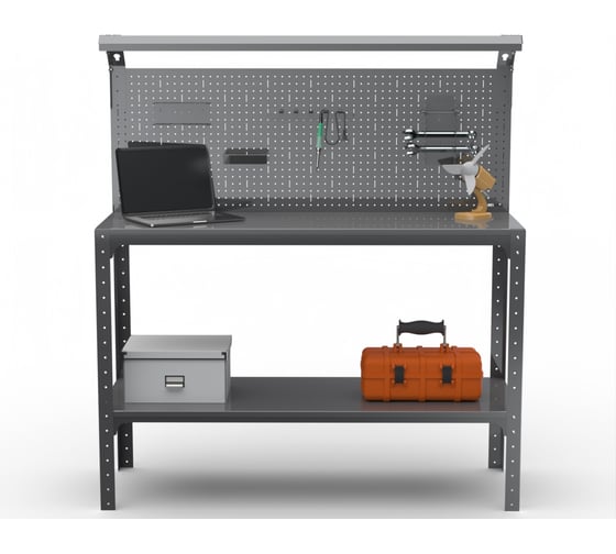 Стол-верстак ООО Металекс серия KIT 950х1200х500 мм, одна полка + перфопанель с комплектом освещения, серый 205380 1