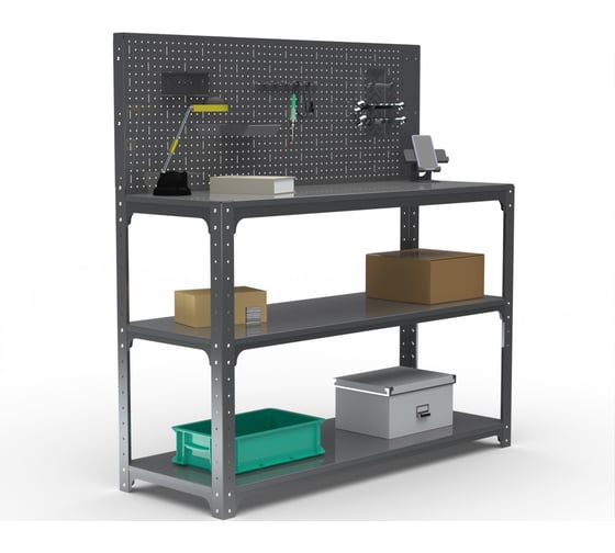 Стол-верстак ООО Металекс Metalex KIT 950х1800х500 мм, две полки + перфопанель с комплектом аксессуаров, серый 205110