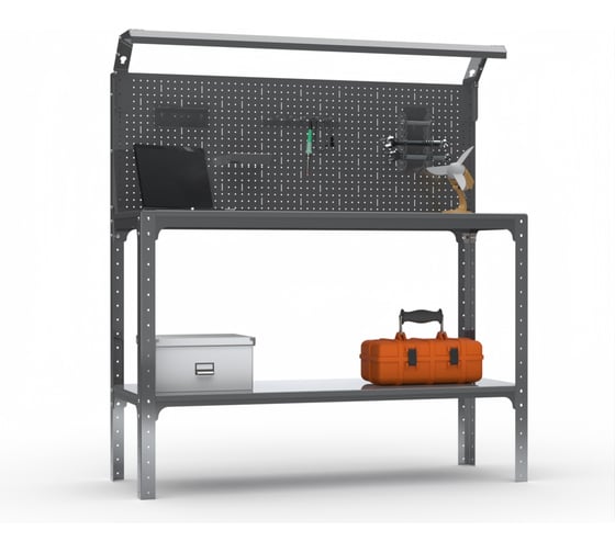 Стол-верстак ООО Металекс серия KIT 950х1200х400 мм, одна полка + перфопанель с комплектом освещения, серый 205371