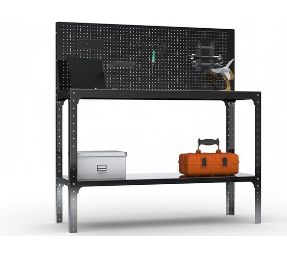 Стол-верстак ООО Металекс KIT 950х1600х500 мм, одна полка + перфопанель с комплектом аксессуаров, черный 205546