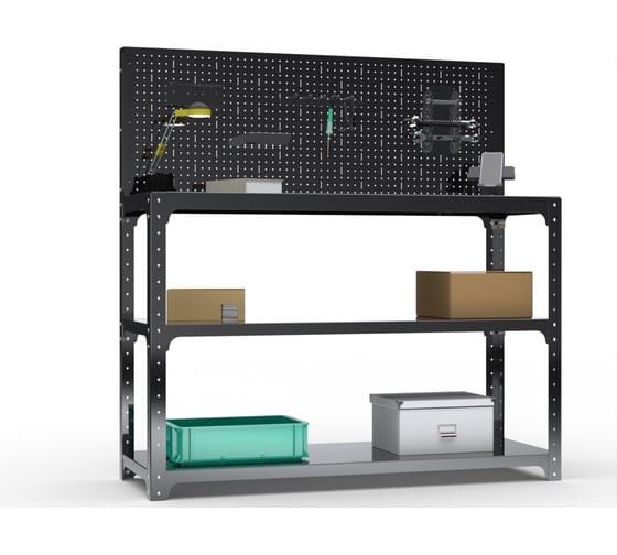 Стол-верстак ООО Металекс KIT 950х1100х400 мм, две полки + перфопанель с комплектом аксессуаров, черный 205559 1