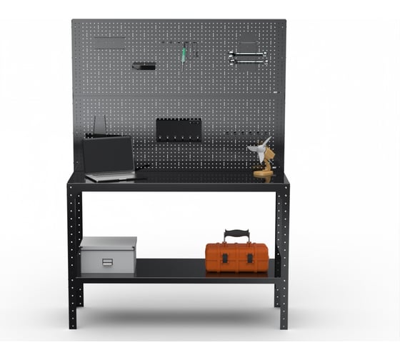 Стол-верстак ООО Металекс KIT 950х1800х600 мм, две полки + двойная перфопанель с комплектом аксессуаров, черный 205638