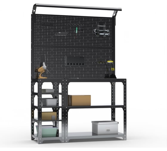 Стол-верстак ООО Металекс KIT 950х1200х600 мм, с боковыми полками, 2-мя панелями и комплектом освещения, черный 205722