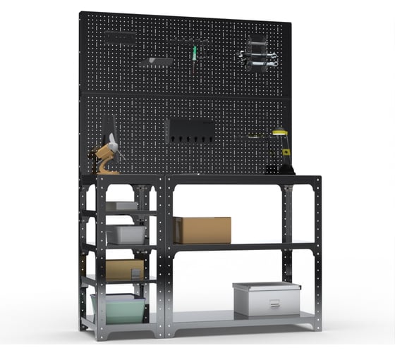 Стол-верстак ООО Металекс KIT 950х1800х400 мм, с боковыми полками, двумя перфопанелями и комплектом аксессуаров, черный 205512