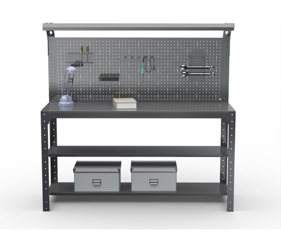 Стол металлический ООО Металекс серия KIT 750х1200х600 мм, 2-е полки + перфопанель с комплектом освещения, серый 201465