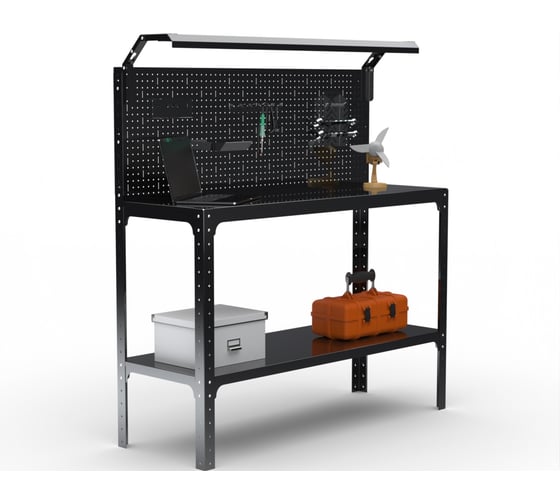Стол-верстак ООО Металекс серия KIT 950х1700х500 мм, (одна полка + перфопанель с комплектом освещения), черный 205850 1