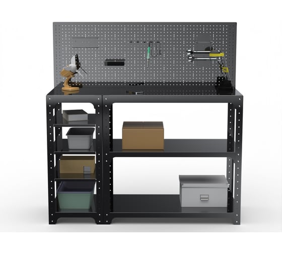 Стол-верстак ООО Металекс серия KIT 950х1200х500 мм, (с боковыи полками, перфопанелью и комплектом аксессуаров), черный 205488
