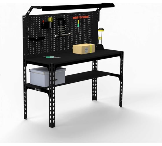 Стол металлический ООО Металекс серия SUN 750x1400x600, одна полка + перфопанель с комплектом освещения, черный 112395 1
