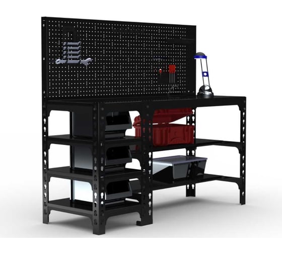 Стол металлический ООО Металекс 750x1400x600 мм, с боковыми полками и перфопанелью, чёрный 112359 1