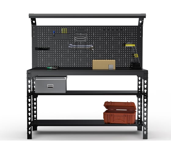 Стол металлический ООО Металекс серия SUN 750x1400x400 (2-е полки + перфопанель с комплектом освещения) чёрный / 112401