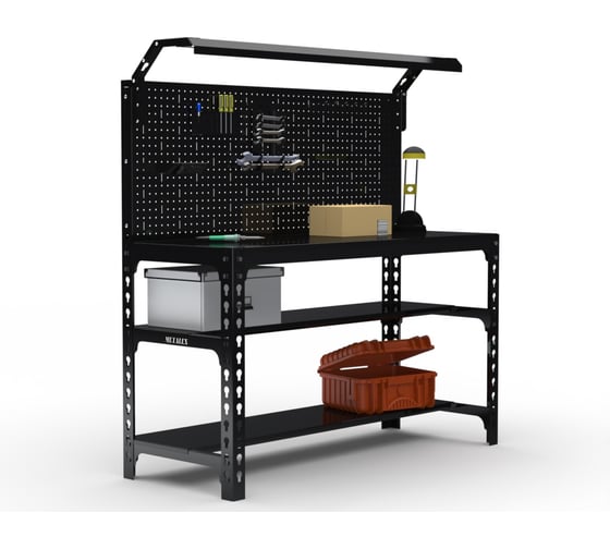 Стол металлический ООО Металекс серия SUN 750x1100x500 (2-е полки + перфопанель с комплектом освещения) чёрный / 112404 1