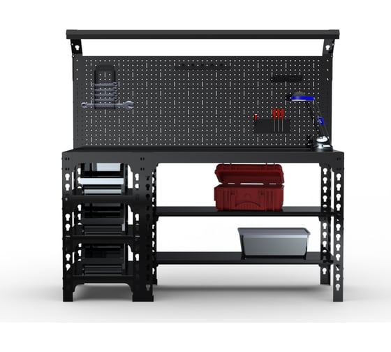 Стол металлический ООО Металекс серия SUN 750x1400x400 (с бок. полками, перфопанелью и комплектом освещения) чёрный / 112416
