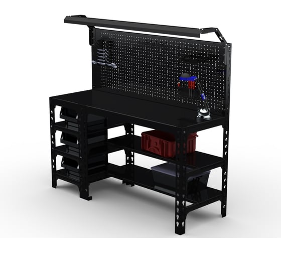 Стол металлический ООО Металекс серия SUN 750x1400x400 (с бок. полками, перфопанелью и комплектом освещения) чёрный / 112416