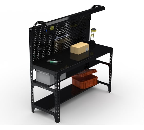 Стол металлический ООО Металекс серия SUN 750x1500x600 (2-е полки + перфопанель с комплектом освещения) чёрный / 112414