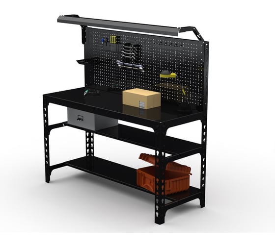 Стол металлический ООО Металекс серия SUN 750x1500x600 (2-е полки + перфопанель с комплектом освещения) чёрный / 112414