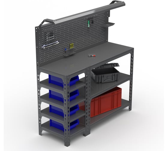 Стол-верстак ООО Металекс Metalex серия SUN 950x1200x500 мм, с боковыми полками, перфопанелью и комплектом освещения, серый 111861