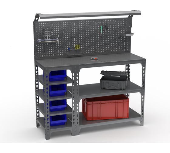 Стол-верстак ООО Металекс Metalex серия SUN 950x1300x600 мм, с боковыми полками, перфопанелью и комплектом освещения, серый 111871