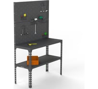 Стол-верстак ООО Металекс 950x1600x600 мм, одна полка + двойная перфопанель с комплектом аксессуаров, серый 111784
