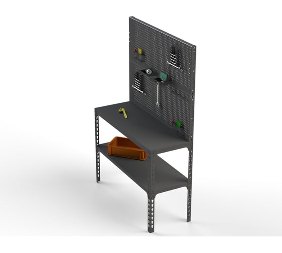 Стол-верстак ООО Металекс 950x1600x600 мм, одна полка + двойная перфопанель с комплектом аксессуаров, серый 111784