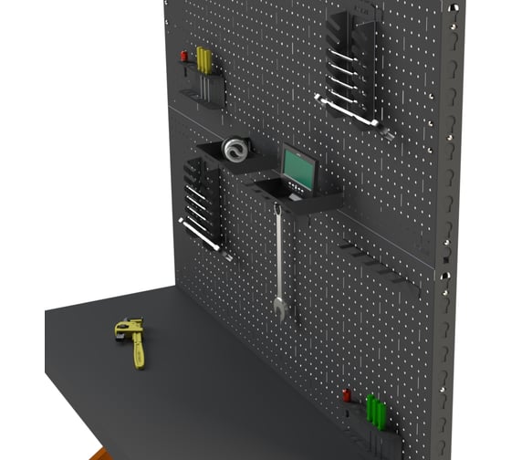 Стол-верстак ООО Металекс 950x1600x600 мм, одна полка + двойная перфопанель с комплектом аксессуаров, серый 111784