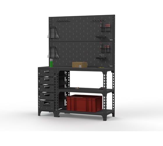 Стол-верстак ООО Металекс c одной тумбой 950x1400x600 + двойная перфопанель с комплектом аксессуаров (серый) / 111848