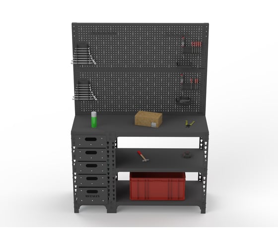 Стол-верстак ООО Металекс c одной тумбой 950x1000x600 + двойная перфопанель с комплектом аксессуаров (серый) / 111846