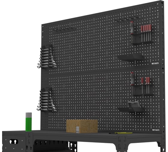 Стол-верстак ООО Металекс c одной тумбой 950x1000x600 + двойная перфопанель с комплектом аксессуаров (серый) / 111846