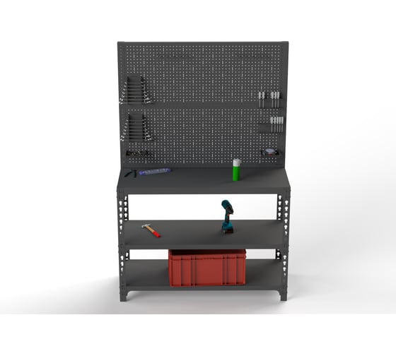 Стол-верстак ООО Металекс 950x1700x400 (две полки) + двойная перфопанель с комплектом аксессуаров (серый) / 111794