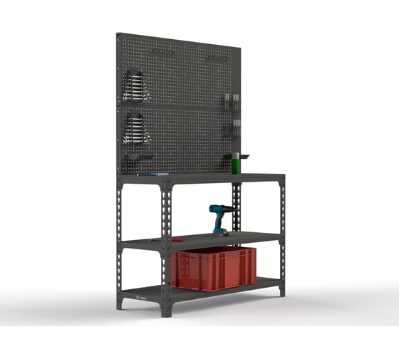 Стол-верстак ООО Металекс 950x1800x400 (две полки) + двойная перфопанель с комплектом аксессуаров (серый) / 111795 1