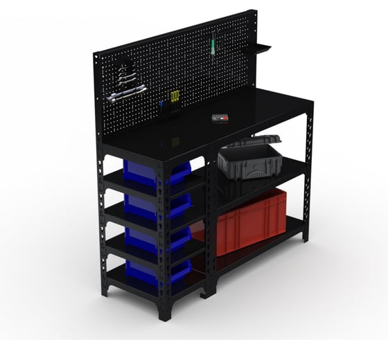 Стол-верстак ООО Металекс 950x1600x600 (с бок. полками, перфопанелью и комп. аксессуаров) чёрный / 117160 1