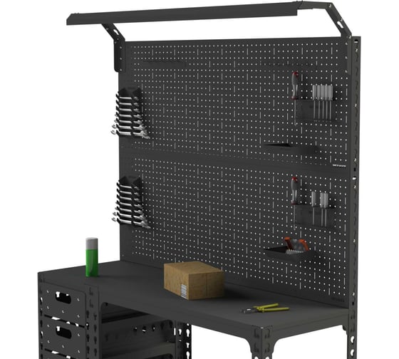 Стол-верстак ООО Металекс SUN 950x1200x400 (с бок. тумбой, 2-мя панелями и комплектом освещения) серый / 111917