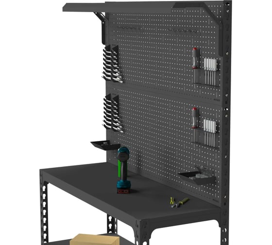Стол-верстак ООО Металекс SUN 950x1300x600 (2-е полки, двойная перфопанель с комплектом освещения) серый / 111949