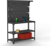 Стол-верстак ООО Металекс SUN 950x1400x400 (2-е полки, двойная перфопанель с комплектом освещения) серый / 111932