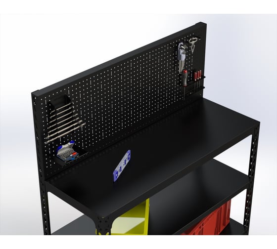 Стол-верстак ООО Металекс 950x1800x600 (две полки) + перфопанель с комплектом аксессуаров (чёрный) / 117243