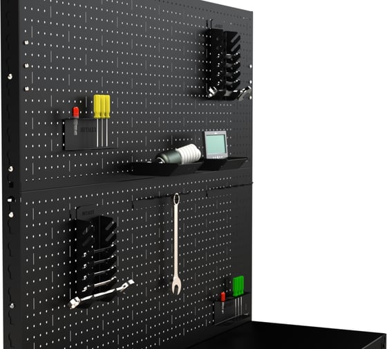Стол-верстак ООО Металекс 950x1300x400, одна полка + двойная перфопанель с комплектом аксессуаров, чёрный, 117247