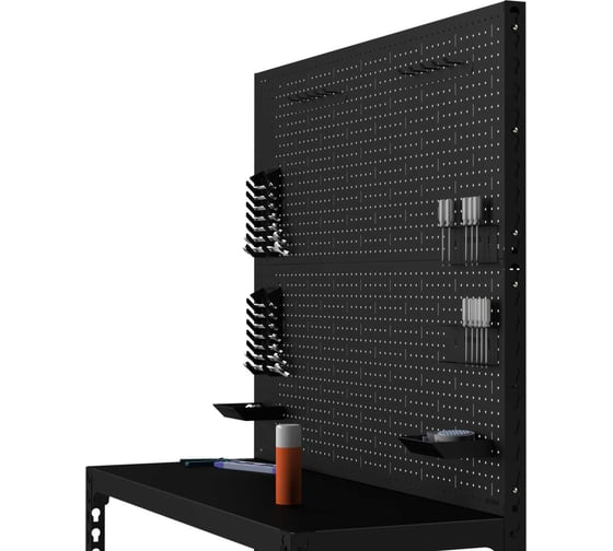 Стол-верстак ООО Металекс 950x1300x600, две полки + двойная перфопанель с комплектом аксессуаров, чёрный, 117292