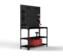 Стол-верстак ООО Металекс 950x1700x400, две полки + двойная перфопанель с комплектом аксессуаров, чёрный, 117278