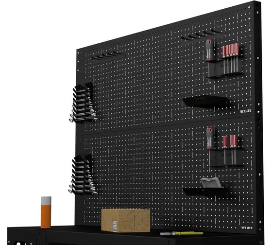 Стол-верстак ООО Металекс c одной тумбой 950x1400x400 + двойная перфопанель с комплектом аксессуаров, чёрный 117324