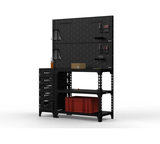 Стол-верстак ООО Металекс c одной тумбой 950x1400x400 + двойная перфопанель с комплектом аксессуаров, чёрный 117324