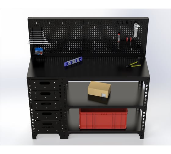 Стол-верстак ООО Металекс c одной тумбой 950x1400x600 + перфопанель с комплектом аксессуаров, чёрный 117320