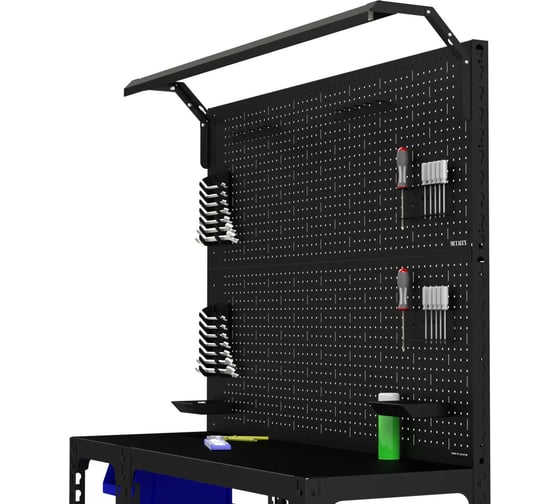 Стол-верстак ООО Металекс серия SUN 950x1600x400, с боковыми полками, 2-мя панелями и комп. освещения, чёрный 117367