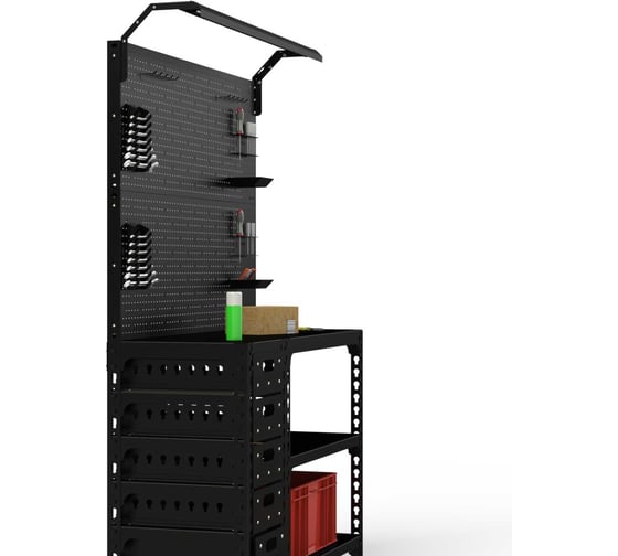 Стол-верстак ООО Металекс серия SUN 950x1600x600, с боковой тумбой, 2-мя панелями и комплектом освещения, чёрный 117411