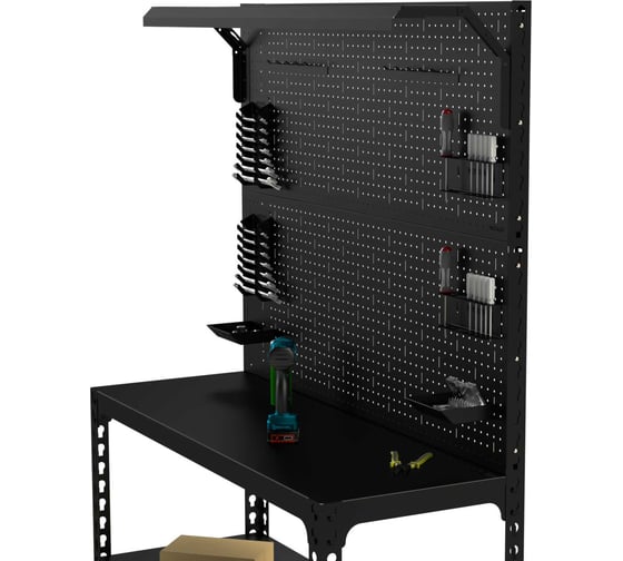 Стол-верстак ООО Металекс серия SUN 950x1400x400, 2-е полки, двойная перфопанель с комплектом освещения, чёрный 117416