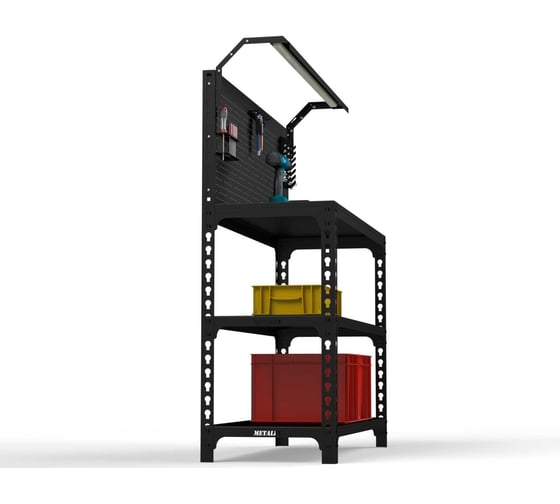 Стол-верстак ООО Металекс серия SUN 950x1400x600, 2-е полки, + перфопанель с комплектом освещения, чёрный 117461