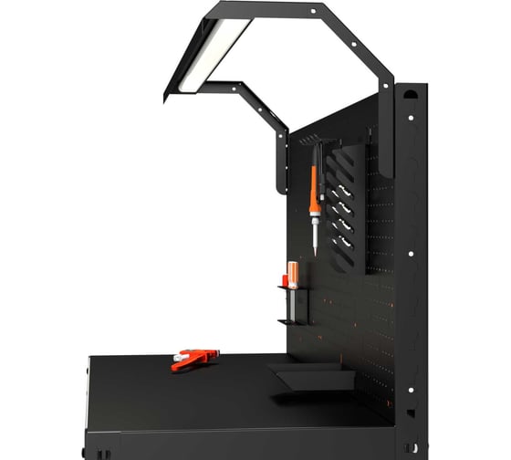 Стол-верстак ООО Металекс серия SUN 950x1500x400, одна полка + перфопанель с комплектом освещения, чёрный 117498