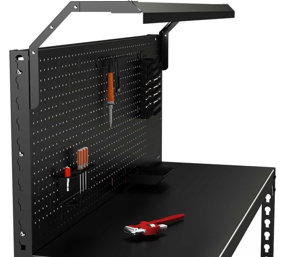 Стол-верстак ООО Металекс серия SUN 950x1400x400, одна полка + перфопанель с комплектом освещения, чёрный 117497