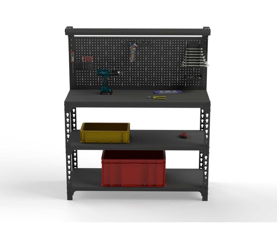 Стол-верстак ООО Металекс серия SUN 950x1600x400, 2-е полки, + перфопанель с комплектом освещения, серый 111961